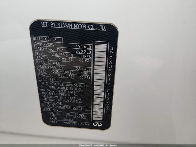 Aukcja sprzedaży 2019 Infiniti Qx50 Essential, vin: 3PCAJ5M17KF122232, numer aukcji: 45046721