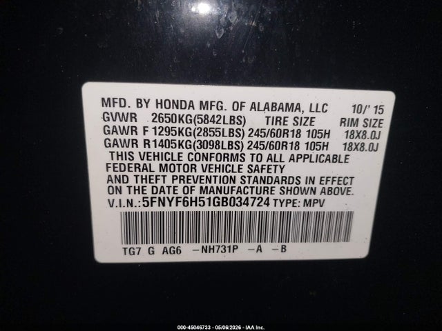 45046733 :رقم المزاد ، 5FNYF6H51GB034724 vin ، 2016 Honda Pilot Ex-l مزاد بيع