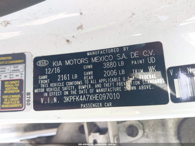 2017 Kia Forte Lx მანქანა იყიდება აუქციონზე, vin: 3KPFK4A7XHE097010, აუქციონის ნომერი: 45046743