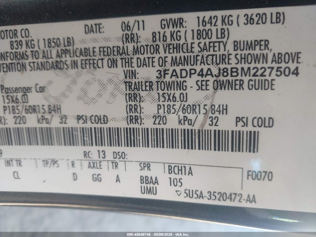 Продаж на аукціоні авто 2011 Ford Fiesta S, vin: 3FADP4AJ8BM227504, номер лоту: 45046746