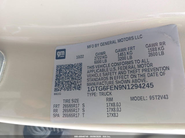45046749 :رقم المزاد ، 1GTG6FEN9N1294245 vin ، 2022 Gmc Canyon 4wd  Long Box At4 - Leather مزاد بيع