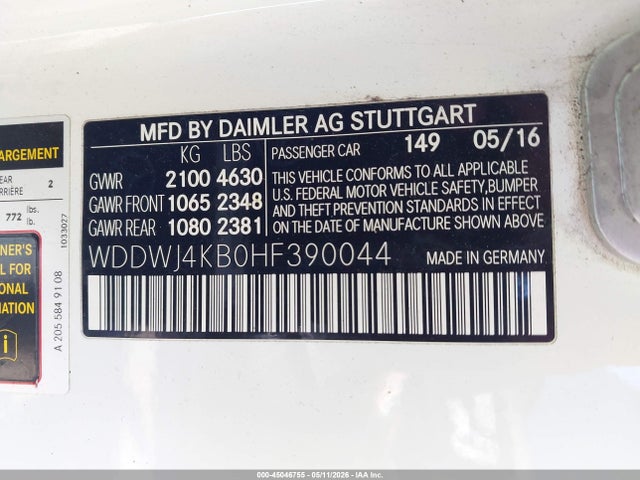 Aukcja sprzedaży 2017 Mercedes-benz C 300 4matic, vin: WDDWJ4KB0HF390044, numer aukcji: 45046755