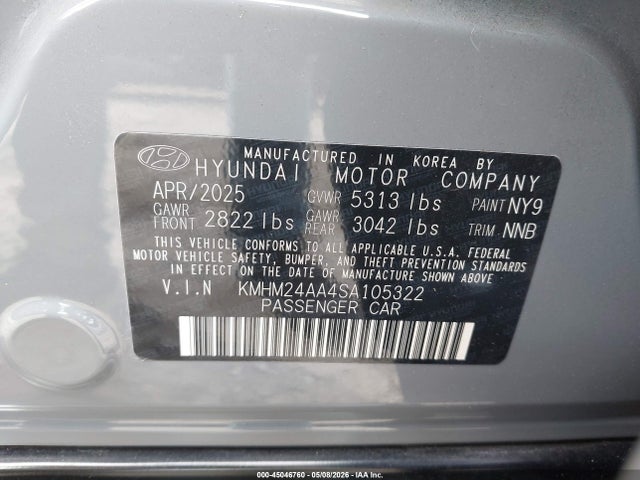 Продаж на аукціоні авто 2025 Hyundai Ioniq 6 Se, vin: KMHM24AA4SA105322, номер лоту: 45046760