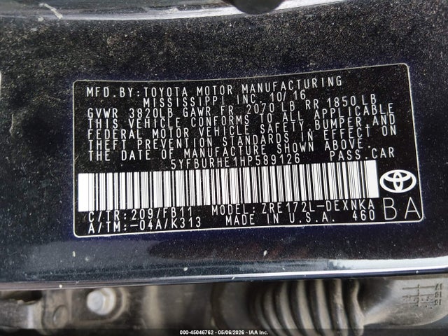 45046762 :رقم المزاد ، 5YFBURHE1HP589126 vin ، 2017 Toyota Corolla Le مزاد بيع