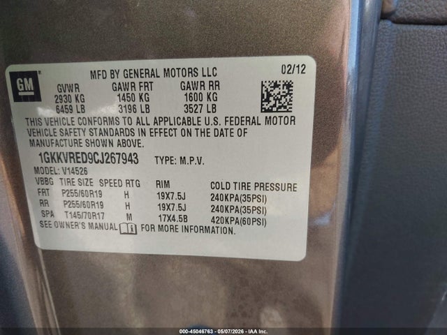 Auction sale of the 2012 Gmc Acadia Slt-1, vin: 1GKKVRED9CJ267943, lot number: 45046763