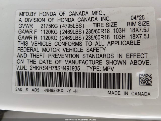 2HKRS4H78SH491935 Honda Cr-v Ex-l Awd