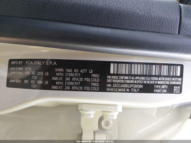 2018 Jeep Renegade Latitude Fwd მანქანა იყიდება აუქციონზე, vin: ZACCJABB2JPG80364, აუქციონის ნომერი: 45046768