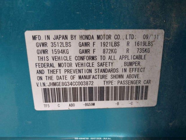 Aukcja sprzedaży 2012 Honda Fit, vin: JHMGE8G34CC003872, numer aukcji: 45046769