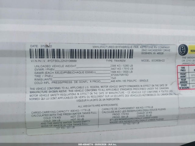 Aukcja sprzedaży 2022 Keystone Rv Springdale, vin: 4YDTSGL22N3106689, numer aukcji: 45046774