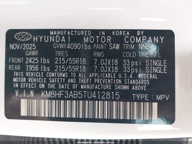 Продажа на аукционе авто 2026 Hyundai Kona Sel Sport, vin: KM8HF3AB5TU412815, номер лота: 45046789