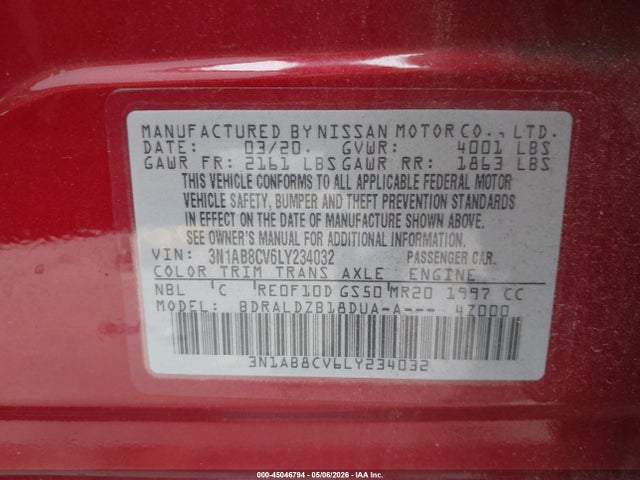 Продаж на аукціоні авто 2020 Nissan Sentra Sv Xtronic Cvt, vin: 3N1AB8CV6LY234032, номер лоту: 45046794