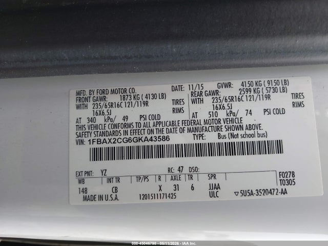 1FBAX2CG6GKA43586 Ford Transit-350 Xlt