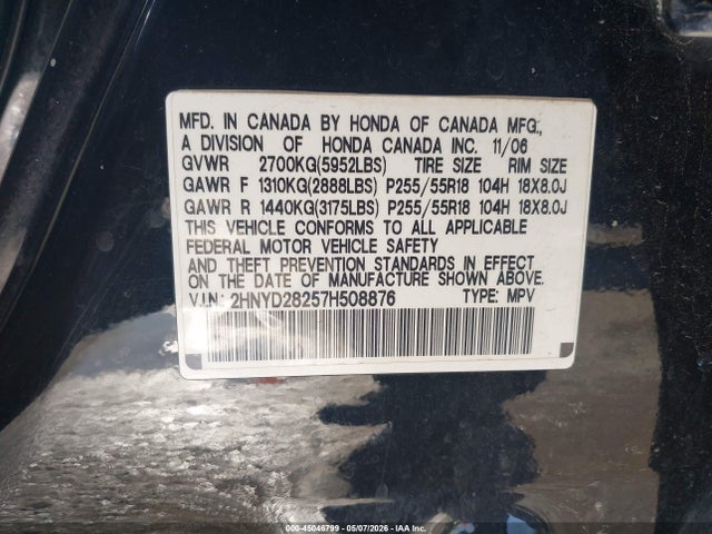 Auction sale of the 2007 Acura Mdx, vin: 2HNYD28257H508876, lot number: 45046799