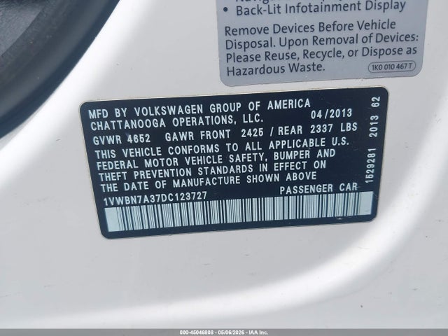 2013 Volkswagen Passat 2.0l Tdi Se მანქანა იყიდება აუქციონზე, vin: 1VWBN7A37DC123727, აუქციონის ნომერი: 45046808