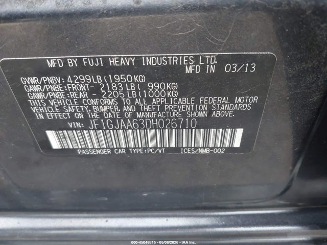 Продаж на аукціоні авто 2013 Subaru Impreza 2.0i, vin: JF1GJAA63DH026710, номер лоту: 45046815