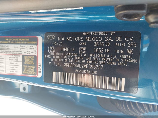 Продаж на аукціоні авто 2021 Kia Rio S, vin: 3KPA24AD2ME395237, номер лоту: 45046820