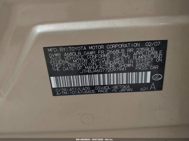45046824 :رقم المزاد ، JTHBJ46G772097941 vin ، 2007 Lexus Es 350 مزاد بيع
