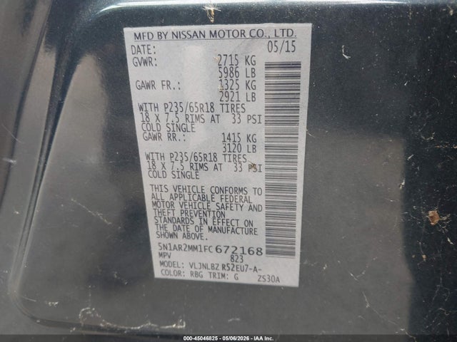5N1AR2MM1FC672168 Nissan Pathfinder Platinum/s/sl/sv