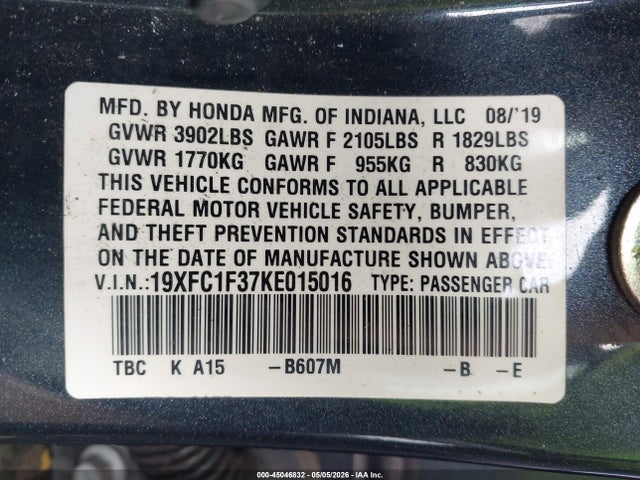 2019 Honda Civic Ex მანქანა იყიდება აუქციონზე, vin: 19XFC1F37KE015016, აუქციონის ნომერი: 45046832