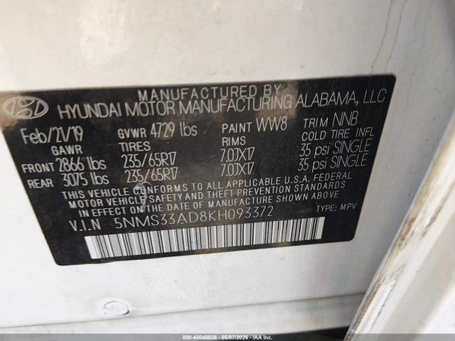 2019 Hyundai Santa Fe Sel მანქანა იყიდება აუქციონზე, vin: 5NMS33AD8KH093372, აუქციონის ნომერი: 45046836