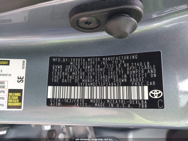 45046840 :رقم المزاد ، 5YFB4MDE1SP248437 vin ، 2025 Toyota Corolla Le مزاد بيع