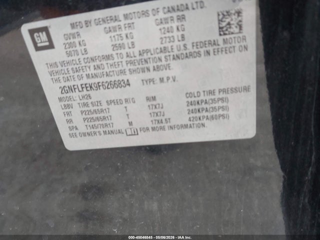Продаж на аукціоні авто 2015 Chevrolet Equinox 1lt, vin: 2GNFLFEK9F6266834, номер лоту: 45046845