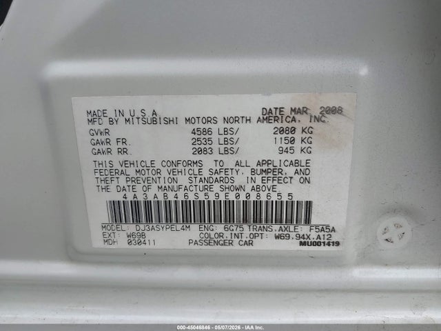 Продаж на аукціоні авто 2009 Mitsubishi Galant Sport V6, vin: 4A3AB46S59E008655, номер лоту: 45046846