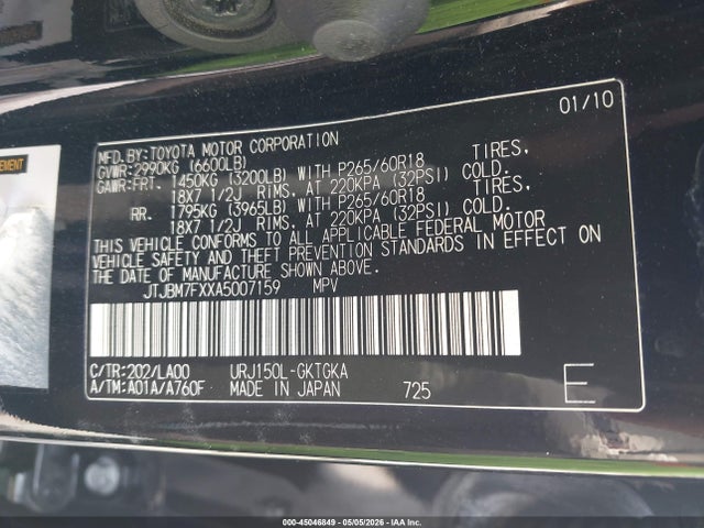 Aukcja sprzedaży 2010 Lexus Gx 460, vin: JTJBM7FXXA5007159, numer aukcji: 45046849