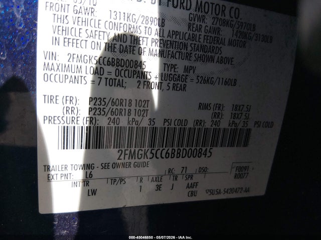 Aukcja sprzedaży 2011 Ford Flex Sel, vin: 2FMGK5CC6BBD00845, numer aukcji: 45046850