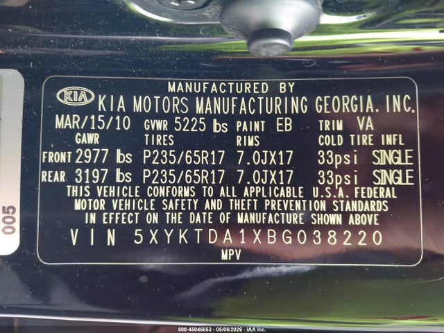 Продаж на аукціоні авто 2011 Kia Sorento Lx, vin: 5XYKTDA1XBG038220, номер лоту: 45046853