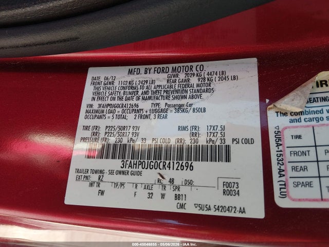 2012 Ford Fusion Sel მანქანა იყიდება აუქციონზე, vin: 3FAHP0JG0CR412696, აუქციონის ნომერი: 45046855