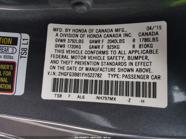45046873 :رقم المزاد ، 2HGFG3B81FH522782 vin ، 2015 Honda Civic Ex مزاد بيع