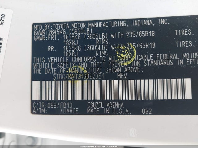 5TDCZRAH3NS092351 Toyota Highlander L