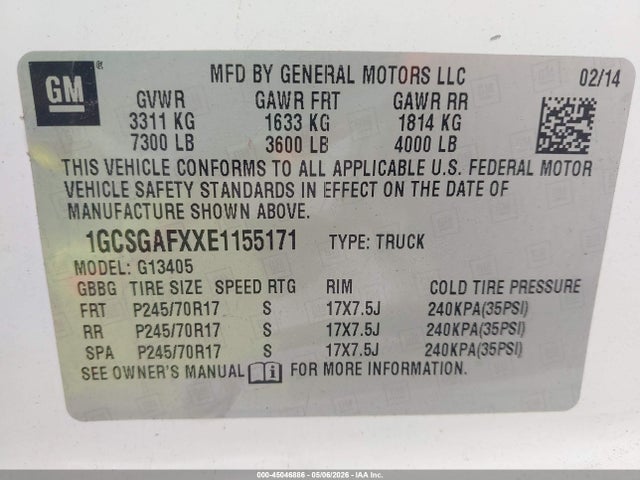 45046886 :رقم المزاد ، 1GCSGAFXXE1155171 vin ، 2014 Chevrolet Express 1500 Work Van مزاد بيع