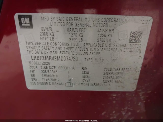 45046894 :رقم المزاد ، LRBFZMR42MD074739 vin ، 2021 Buick Envision Awd Preferred مزاد بيع