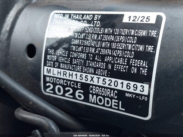 Продажа на аукционе авто 2026 Honda Cbr650 R, vin: MLHRH155XT5201693, номер лота: 45046899