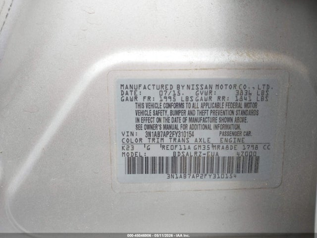 45046906 :رقم المزاد ، 3N1AB7AP2FY310154 vin ، 2015 Nissan Sentra Sr مزاد بيع