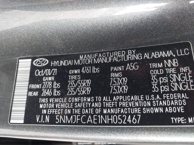 45046907 :رقم المزاد ، 5NMJFCAE1NH052467 vin ، 2022 Hyundai Tucson Sel مزاد بيع