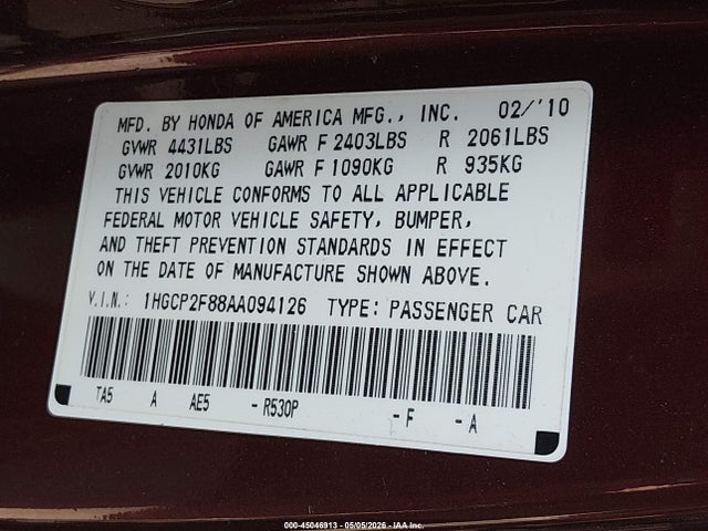 45046913 :رقم المزاد ، 1HGCP2F88AA094126 vin ، 2010 Honda Accord 2.4 Ex-l مزاد بيع
