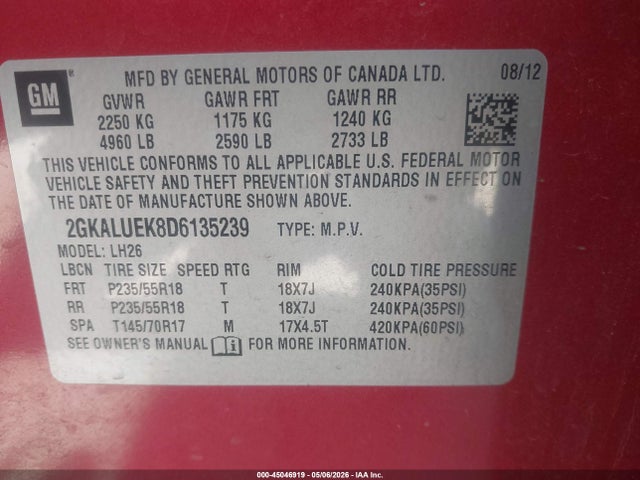 Aukcja sprzedaży 2013 Gmc Terrain Slt-1, vin: 2GKALUEK8D6135239, numer aukcji: 45046919