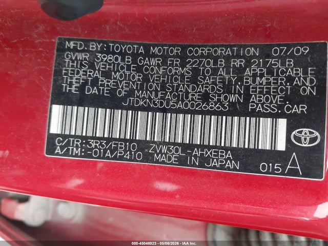 Aukcja sprzedaży 2010 Toyota Prius Ii, vin: JTDKN3DU5A0026863, numer aukcji: 45046923
