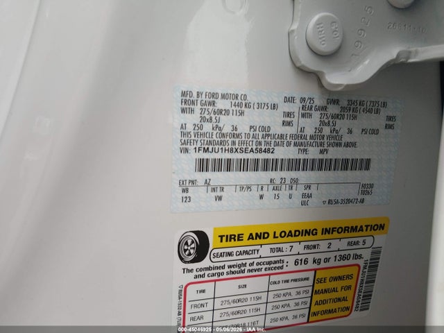 45046925 :رقم المزاد ، 1FMJU1H8XSEA58482 vin ، 2025 Ford Expedition Active مزاد بيع