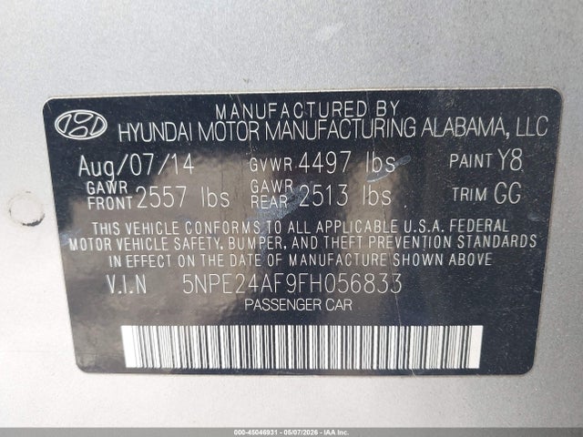2015 Hyundai Sonata Se მანქანა იყიდება აუქციონზე, vin: 5NPE24AF9FH056833, აუქციონის ნომერი: 45046931