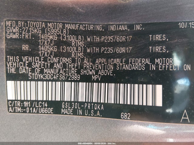 Toyota Sienna Xle 8 Passenger 2015 5TDYK3DC4FS672989 Image 17