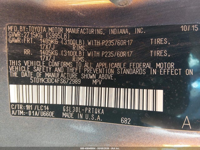 Toyota Sienna Xle 8 Passenger 2015 5TDYK3DC4FS672989 Image 9