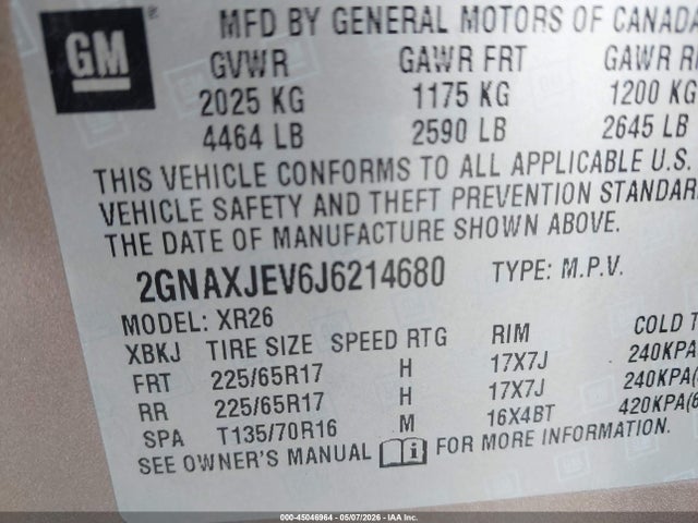 Продаж на аукціоні авто 2018 Chevrolet Equinox Lt, vin: 2GNAXJEV6J6214680, номер лоту: 45046964