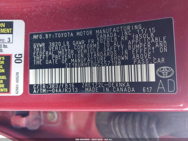 Toyota COROLLA LE 2016 2T1BURHE0GC557198 Image 9