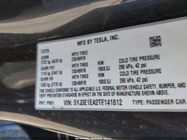 Продажа на аукционе авто 2026 Tesla Model 3, vin: 5YJ3E1EA2TF141812, номер лота: 45046993