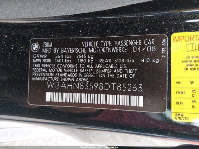 Aukcja sprzedaży 2008 Bmw 750li, vin: WBAHN83598DT85263, numer aukcji: 45047002