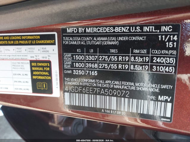 45047008 :رقم المزاد ، 4JGDF6EE7FA509072 vin ، 2015 Mercedes-benz Gl 450 4matic مزاد بيع
